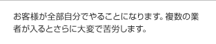 お客様が全部自分でやることになります。複数の業者が入るとさらに大変で苦労します。
